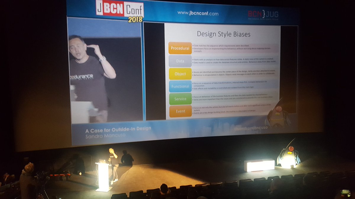 jgarcesc's tweet image. &quot;We all have software design biases.&quot;

&quot;The usefulness of a domain model needs to be evaluated from an outside perspective.&quot;

@sandromancuso #Jbcn18
#zaratech