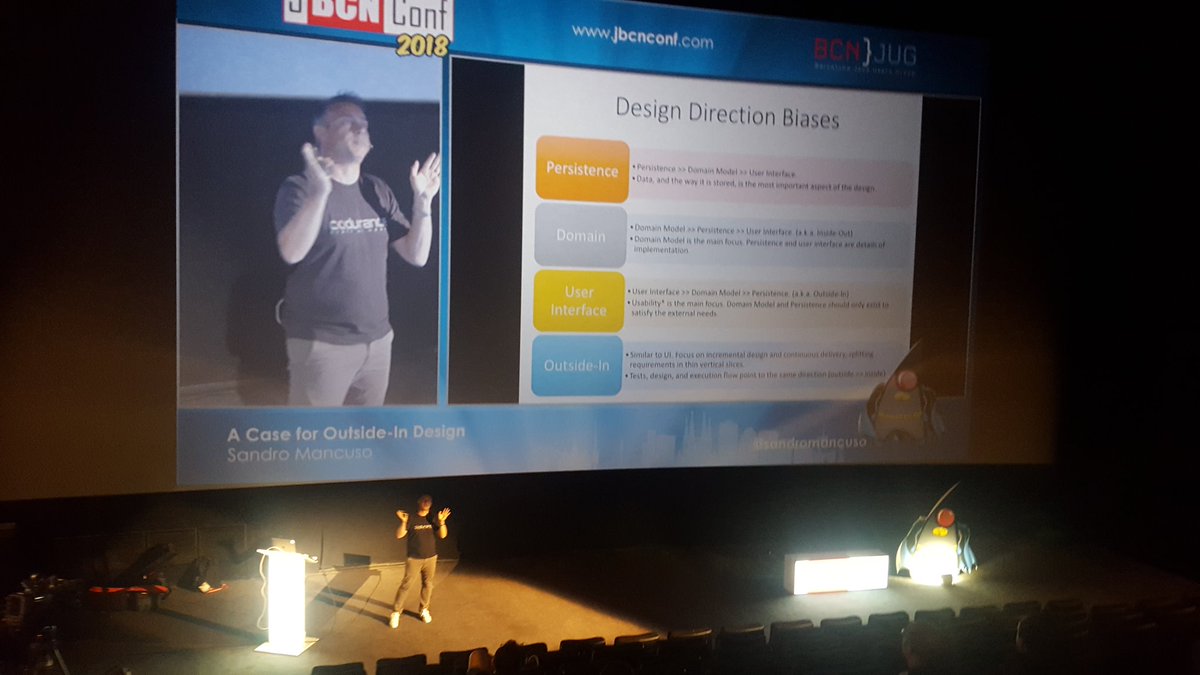 jgarcesc's tweet image. &quot;We all have software design biases.&quot;

&quot;The usefulness of a domain model needs to be evaluated from an outside perspective.&quot;

@sandromancuso #Jbcn18
#zaratech
