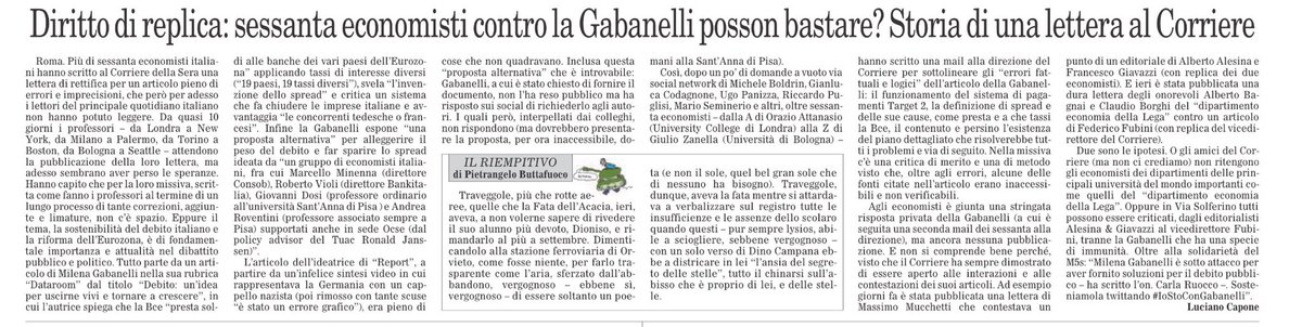 FDebenedetti's tweet photo. 70 economisti della principali univers europee smontano la tesi dell’uff studi M5S sul debito. Ma il corriere non la pubblica. Perché ? #IoNonStaròMaiConGabanelli https://t.co/2bzFooyqRY
