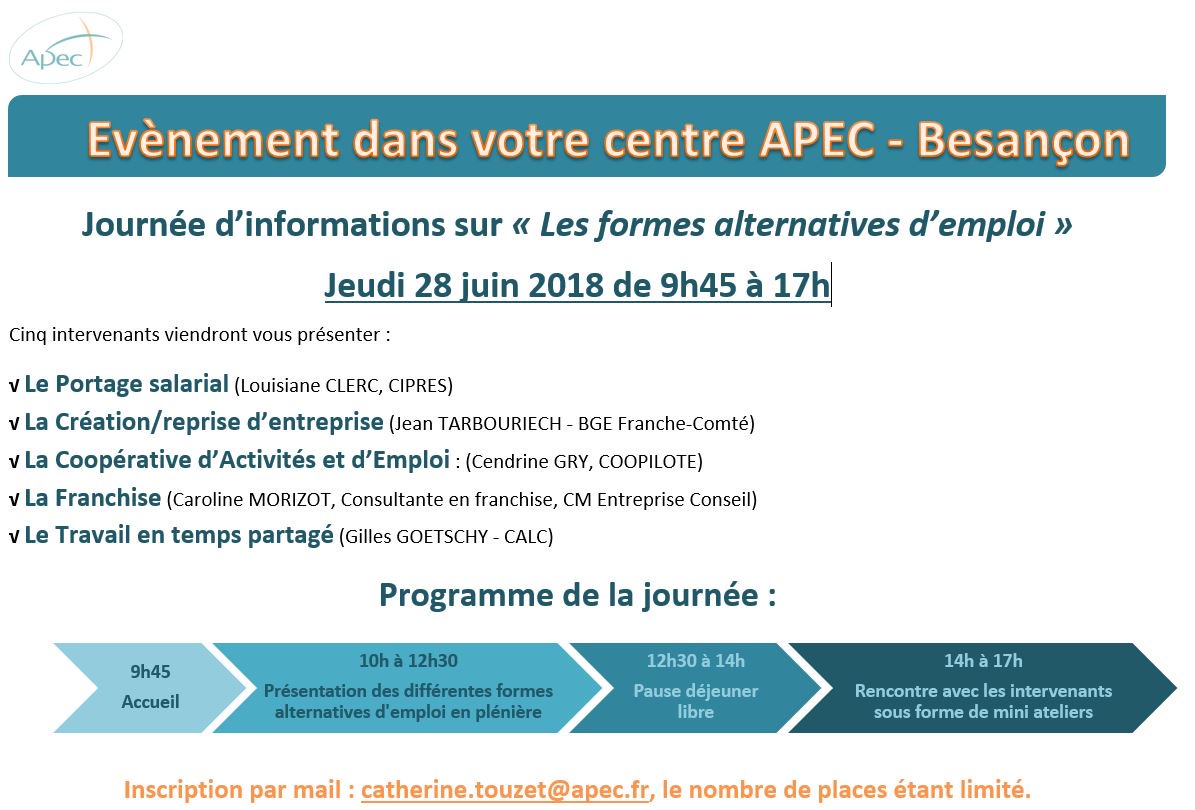 BGEFrancheComte's tweet photo. BGE Franche-Comté sera présent à la journée organisée par l'@ApecBFC sur les alternatives à l'#emploi à @villedebesancon.
création d'entreprise, portage salarial, coopérative d'activités, franchise, temps de travail partagé, vous avez toutes les infos en 1 journée ! https://t.co/KAsSXnBOSJ