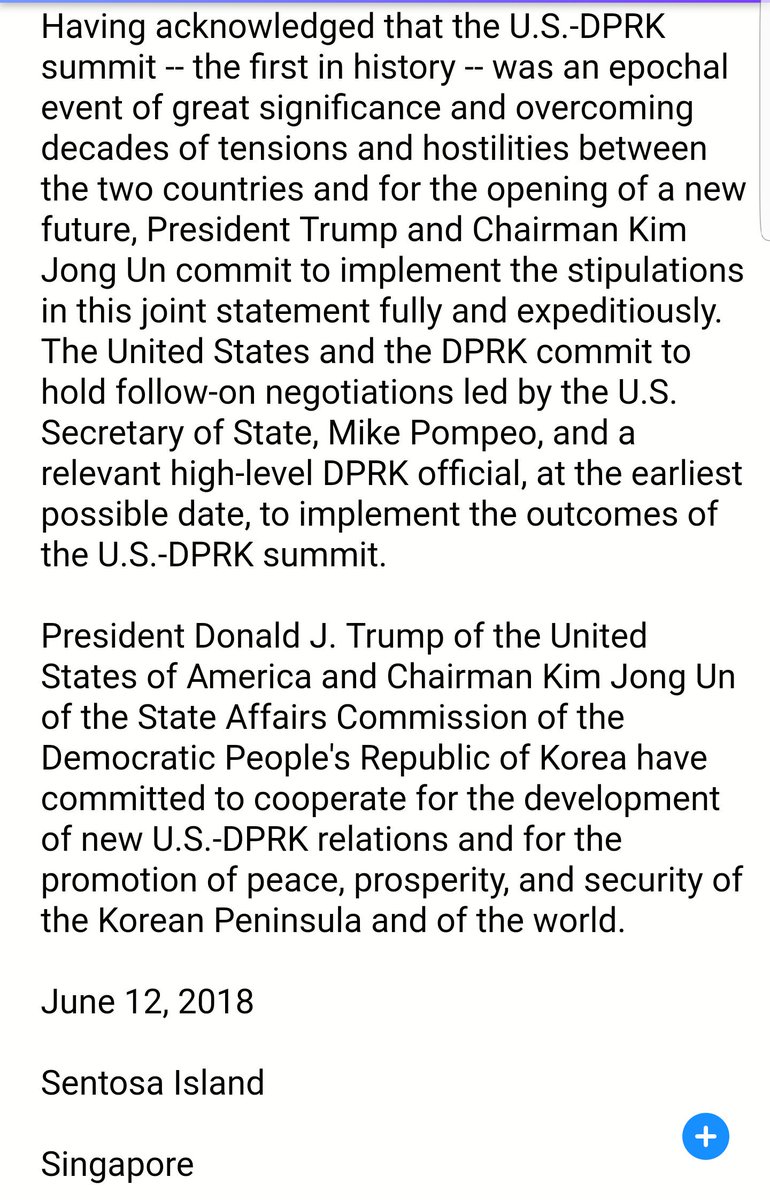 AbkaFitzHenley's tweet photo. BREAKING: US President @realDonaldTrump &amp; North Korean Leader #KimJohnUn have signed an agreement to "work toward complete denuclearization of the Korean Peninsula". https://t.co/r8iWHs6mC1