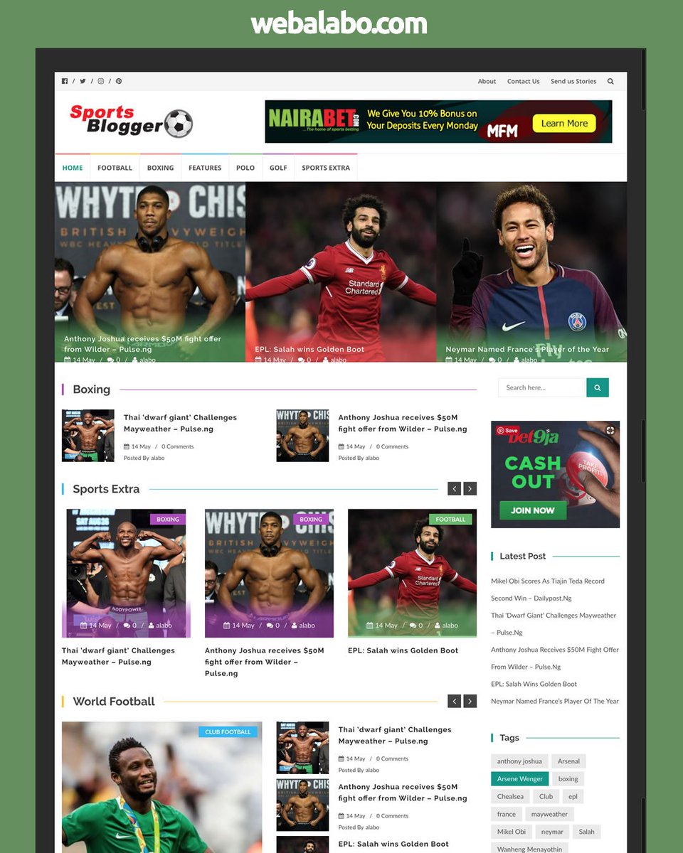 WebAlabo's tweet image. Start your sports blogging career with this website template with a 10% discount. We offer free website setup and personalisation. buff.ly/2t1cQ5J 
#sports #football #Olympics #Russia2018 #FIFA #Worldcup #RussiaWorldCup2018 #blogger #Webdesign #Startup #Nigeria #Marketing