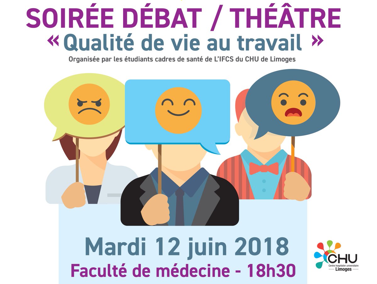 CHULimoges's tweet photo. Ce soir les étudiants #IFCS du #CHULimoges vous parle de #QVT #debat #théâtre https://t.co/XqcJOZUOck #CHU87😆 https://t.co/bqtglqGMdY