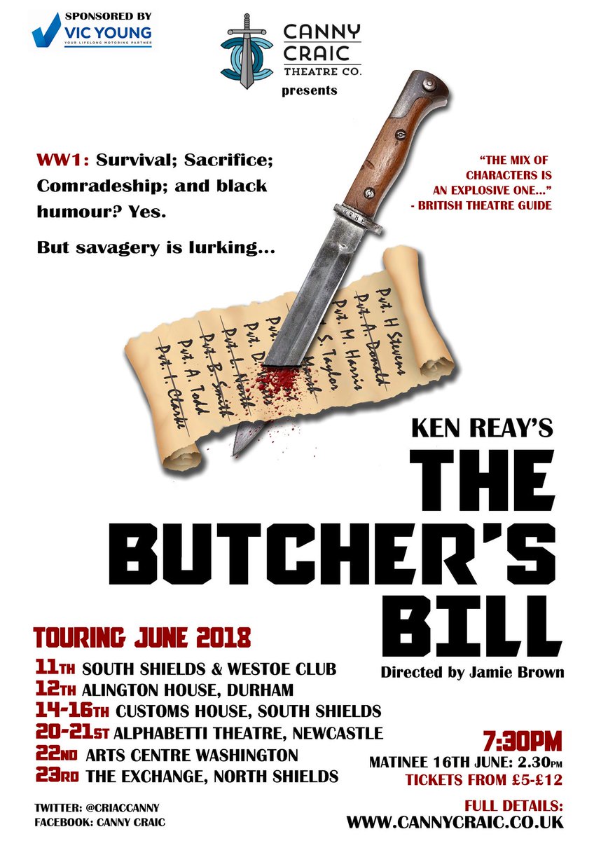 TheBBill's tweet photo. Wonderful first night of #ButchersBill2018 last night @WestoeRFC! Full house, and our three actors serving the script, and our first audience, so so well. Next stop: @thecustomshouse - our first theatre venue! Join us for a real theatrical treat. 😃 https://t.co/yYnkRBRi7w