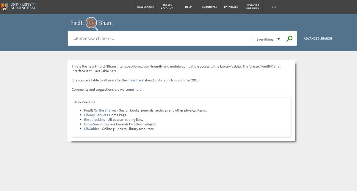 DYK that <a href="/unibirmingham/">Uni of Birmingham</a> library catalogue, FindIt@Bham is getting a makeover this summer? 
You can test it out and tell us your thoughts here: 
findit.bham.ac.uk/primo-explore/…