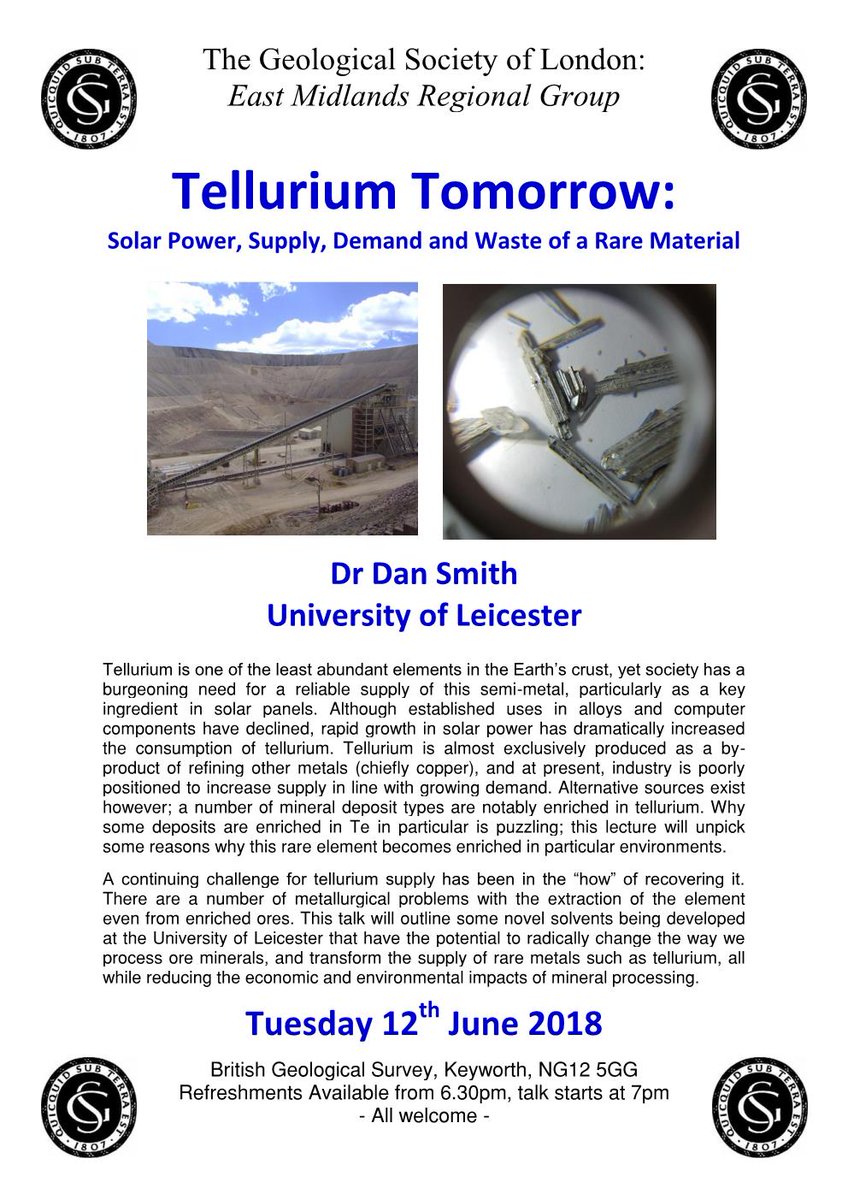 EMRGGeolSoc's tweet photo. Tellurium Tomorrow: Solar Power, Supply, Demand and Waste of Rare Material with Dr Dan Smith of @uniofleicester tonight, 6.30pm at @BGS Keyworth. Join us. #geology #solarenergy #Nottingham https://t.co/yaM9WVltB8