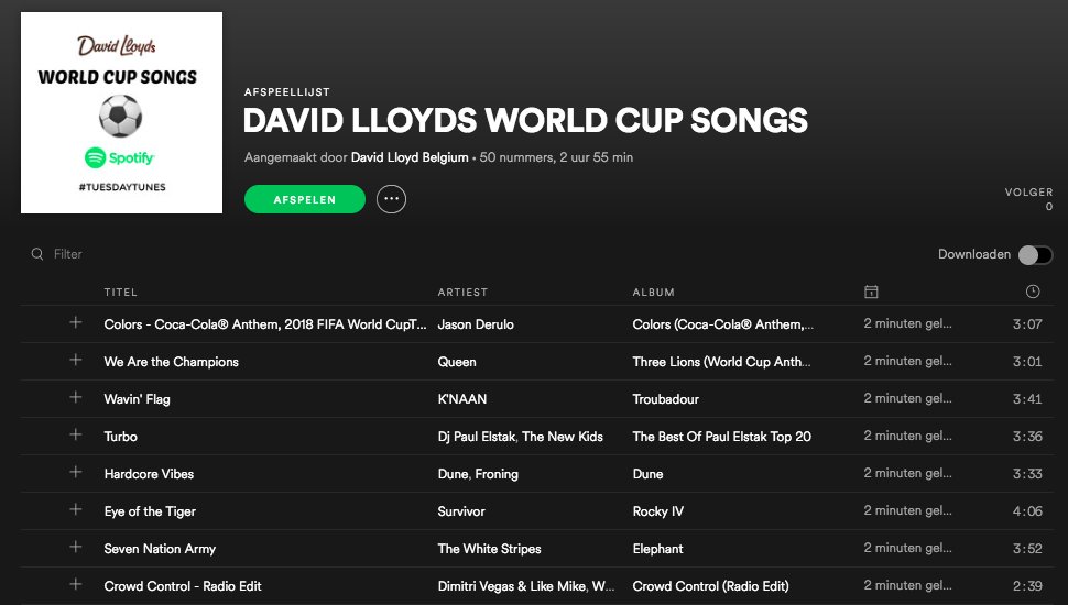 Vandaag staat #TUESDAYTUNES in het teken van het WK! ⚽
Zing "De Rode Duivels" naar de overwinning met de beste WK-liederen en tofste voetbalsongs. 🇧🇪
🎶 Hier in 1 handige playlist! 
✅ Klik hier: bit.ly/DavidLloydsWor…

#REDTOGETHER