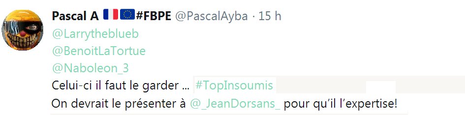 @BenoitLaTortue @Larrytheblueb @Circonscripti18 @franceinfo @libe @Naboleon_3 @Yaume_Cha @PascalAyba @OwenaCox @SocDemMarche @_JeanDorsans_ Grâce à @PascalAyba,@Naboleon_3 #LeonLeNabo nous apprend ce jour que les #robotsMacron utilisent le #hashtag #TopInsoumis pour classer leurs opposants #Politique les plus gênants. Ce qui leur permet de s'y attaquer en meute avec leurs comptes satellites @TwitterPolFR appréciera.