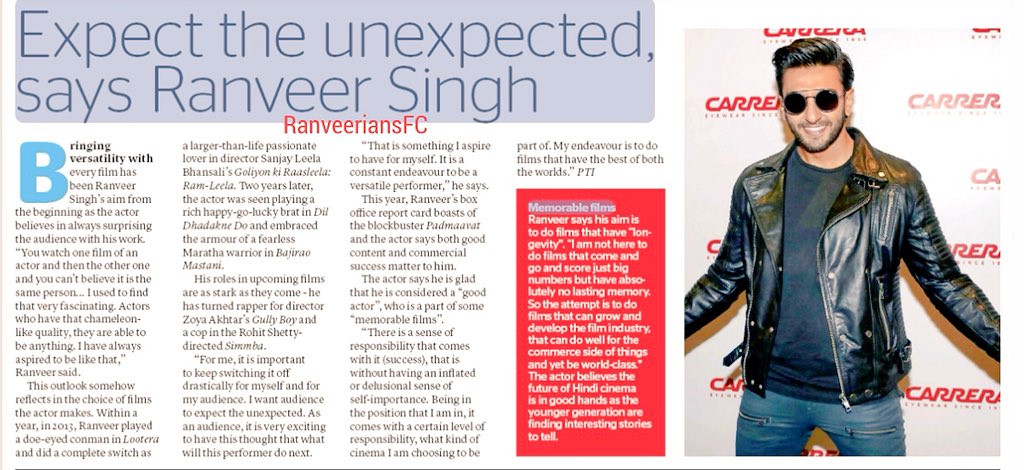 Ranveer Singh says 'It is a constant endeavour to be a versatile performer