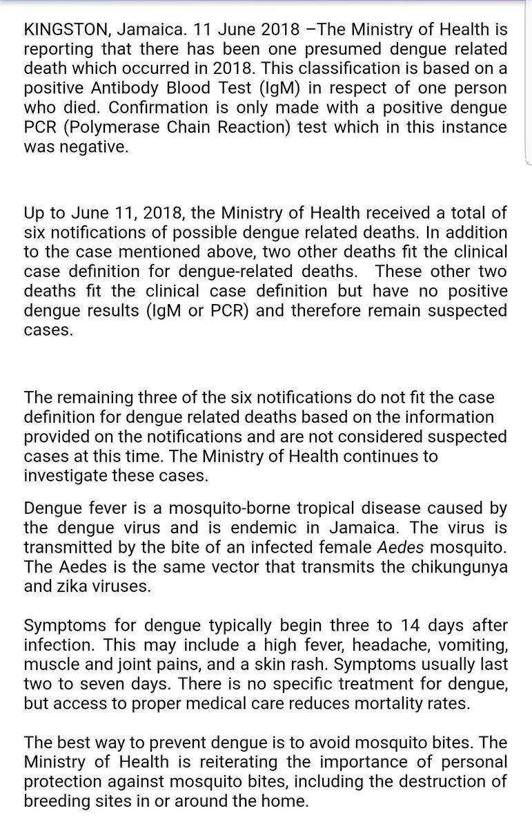 AbkaFitzHenley's tweet photo. UPDATE: Health Ministry is reporting that there has been one presumed dengue related death which occurred this year. https://t.co/V9D8V10Wqr