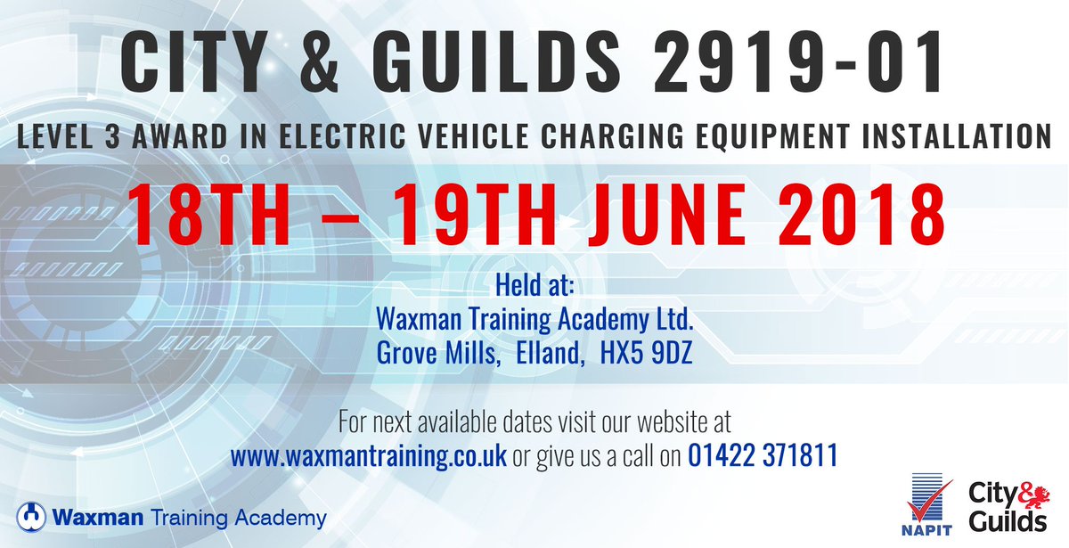 If you are an electrician and want to get your hands on the latest in the industry, book now and be sorted by the end of next week!

<a href="/cityandguilds/">City & Guilds</a> 2919 EV Course Level 3 Electric Vehicle Charging Equipment Installation.

01422 371811
info@waxmantraining.co.uk

#EV #EVChargePoint