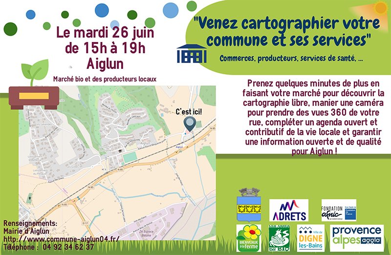 mairiedigne's tweet photo. Mardi 26 juin 15h-19h : cartopartie @OSM_FR des services de la commune d'Aiglun (04). Participation de la Ville de #Digne avec un atelier @mapillary et nos #KIT360. #osm #DataSud @OpenPACA @AssoAdrets @AFNIC https://t.co/cRnuIDcyYP