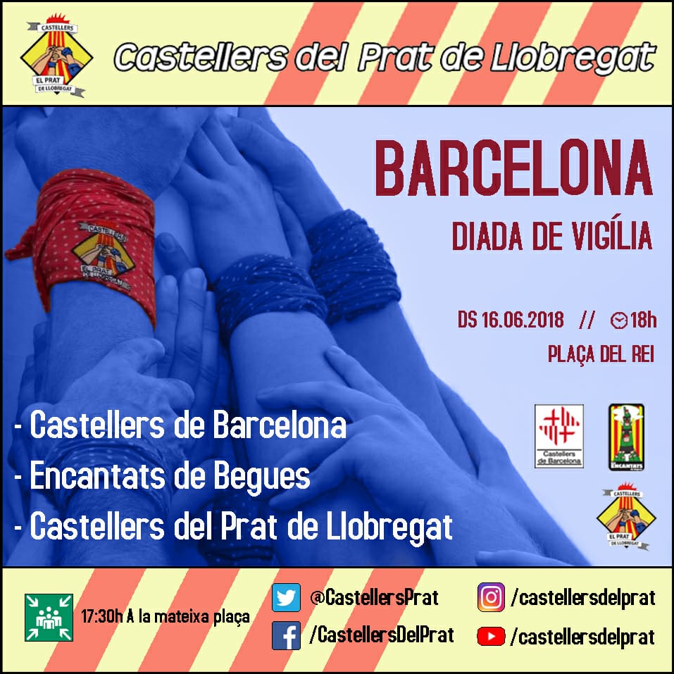 CastellersPrat's tweet photo. Amb moltes ganes de ser a la Vigília de l'Aniversari dels padrins (@CdBCN ) a la Pl. del Rei i acompanyats pels @EncantatsBegues 
No reculem... tenim la nostra diada a tocar! Avui assaig a l'@EscolaJMaragall de 19.30 a 21.30h #orgullpotablava #temporadade7 #49temporadesvermelles https://t.co/19StqUGWVw