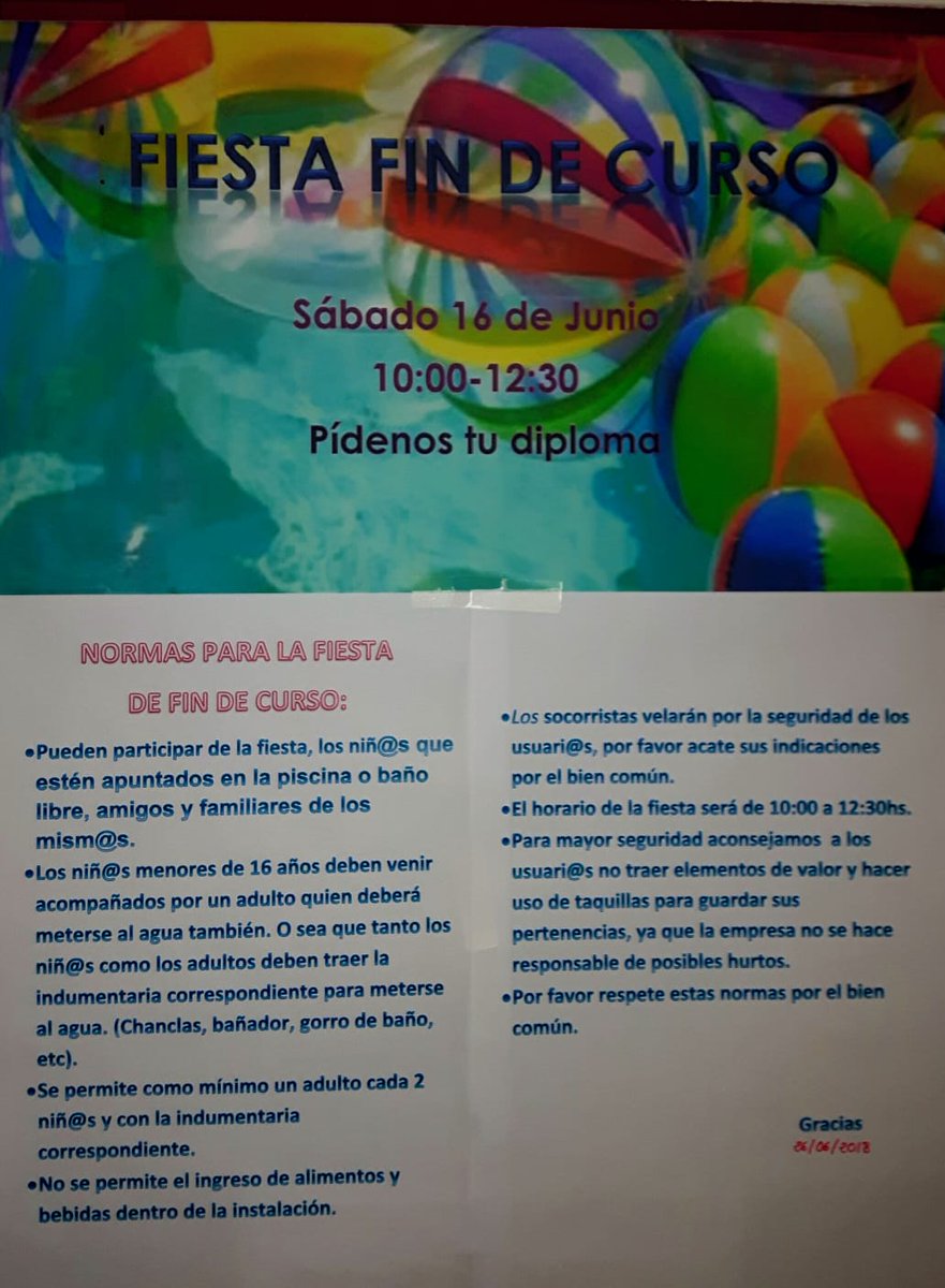 PiscinaSVidal's tweet photo. Fiesta fin de curso. Sábado 16 junio. No te la pierdas!! https://t.co/UBFMLC7RqP