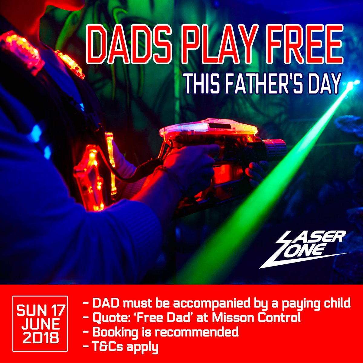 LaserZoneCAS's tweet photo. Give your Dad a blast this Father's Day with our Dads play free deal! https://t.co/P4yki8uFUs