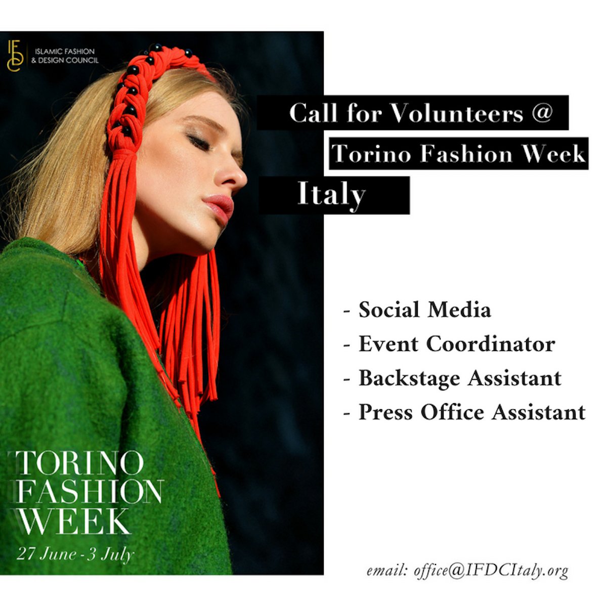 ModestLifeSt's tweet image. New #volunteer roles at the heart of the #TFW18 action. Be a part of IFDC's team in #Italy &amp;amp; work amongst the elite of the fashion industry.

- Social media
- Event coordinator
- Backstage assistant
- Press office assistant

Email office@ifdcitaly.org. Join the #ModestRevolution