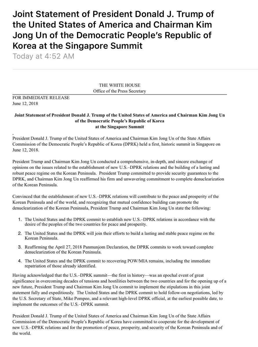 CBCAlerts's tweet photo. BREAKING: Here's the text of the declaration signed by U.S. President Donald Trump and North Korean leader Kim Jong-un in Singapore today: https://t.co/rLxAeeyrcK