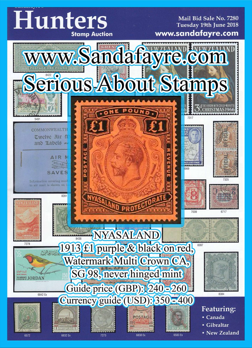 Sandafayre's tweet image. Another superb #KGV #KeyPlate - this time a 1913 £1 from #Nyasaland - #Stamp #Auction bit.ly/2JIgA6z #SeriousAboutStamps #Sandafayre