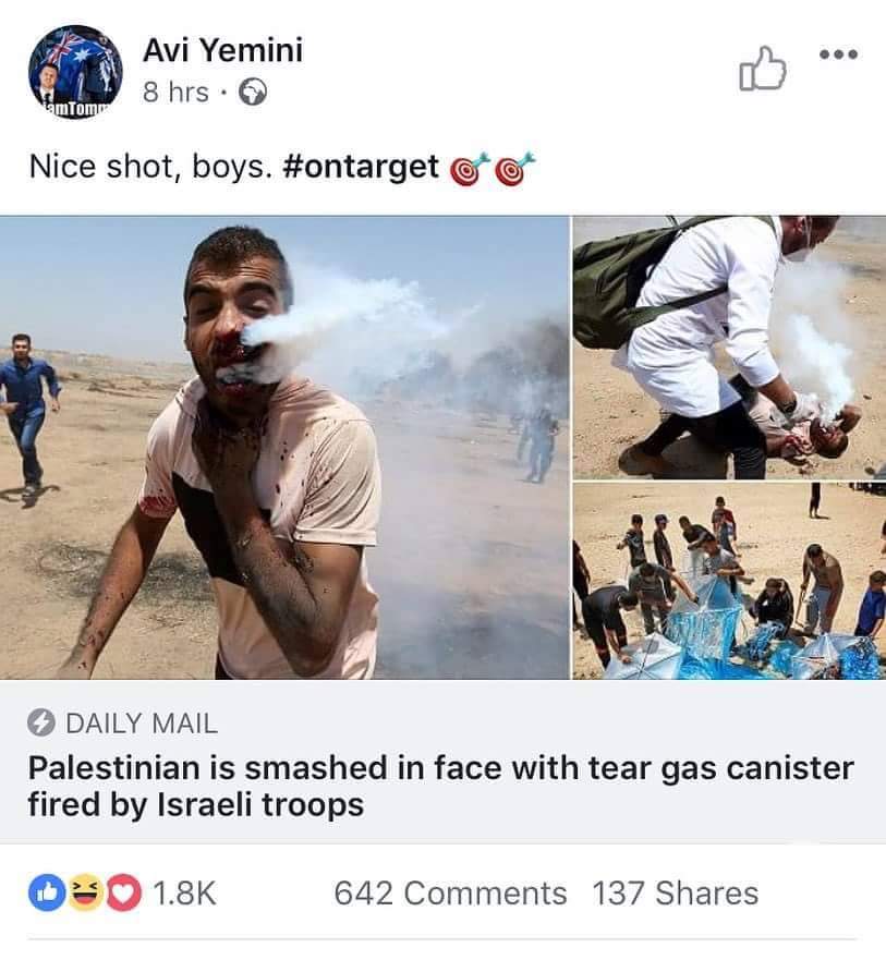 Zionocracy's tweet photo. Yes It is expected when It comes to the so-called state of democracy. 
When its leaders frequently incite the army to kill Palestinians ! 
Yes It is a nice shot in the deepest heart of humanity and 
International Humanitarian Law.
It is a stigma on those who remain silent! https://t.co/FSQK4fAgKS