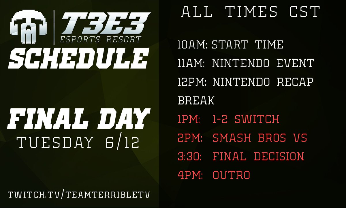 TeamTerribleTV's tweet photo. It’s the LAST DAY OF #T3E3  #E32018 

It’s the LAST DAY of both Team Terrible boys.

One of us will miss you.

https://t.co/f9VAU8Mk7O https://t.co/3Ur1B0Cln5