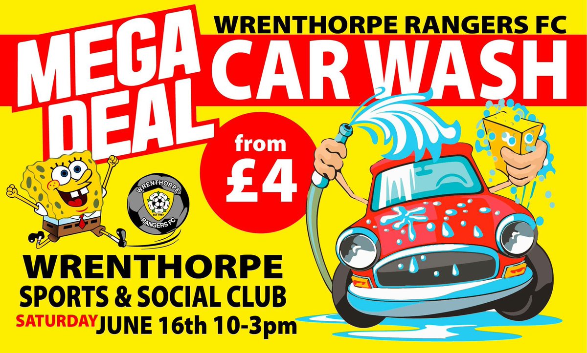 WrenthorpeFC's tweet photo. We’re back this Saturday to get your cars sparkling! Thanks for the great support we’ve had so far - look out for SpongeBob and come on down!
@JCAWakefield @OGACADEMY @SilcoatesSport @Wrenthorpecc @WakeExpress @RidingsFM @WestRidingFA @trinitywalk @WestYorksPolice https://t.co/vTzjBd3QMM