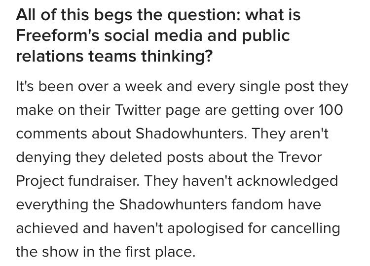 claryfrace's tweet photo. Y’all have been called out @FreeformTV @tascheim we’re not going stay quiet. #FreeformIsOverParty
#SaveShadowhunters #ShadowhuntersChat https://t.co/3CpAnogsfo