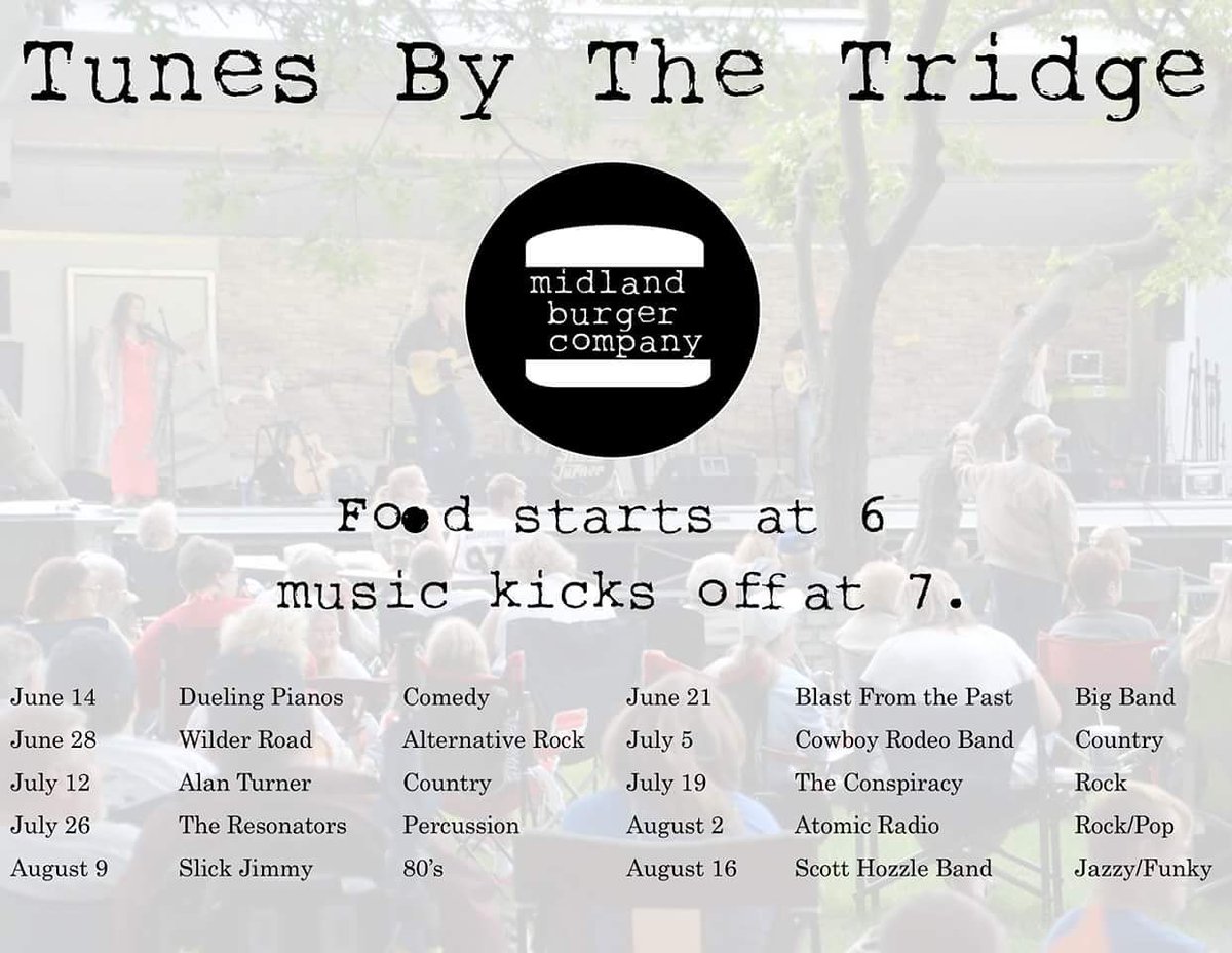 MidlandBurgerCo's tweet photo. Looking for something to do on Thursdays this summer? Midland Parks and Rec has you covered with Tunes by the Tridge . 10 Great bands over the next 10 weeks, it's free!  Grab your kids, or don't &amp; come on down.  We'll be there, the band will be there.  Let's do this summer right! https://t.co/k3egqNoavb