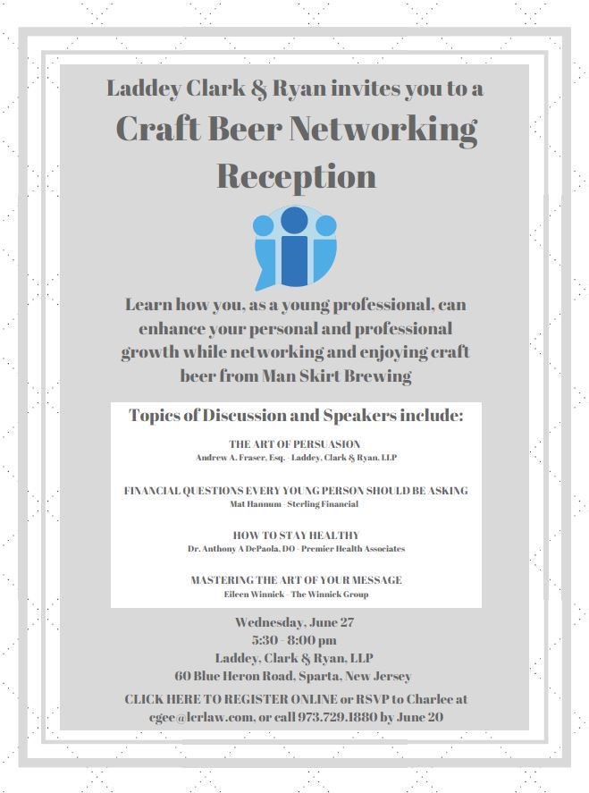 LaddeyClarkRyan's tweet image. Join us for our Craft Beer Networking Reception in two weeks! Click the link below to register online or contact Charlee at cgee@lcrlaw.com.

eventbrite.com/e/craft-beer-n…