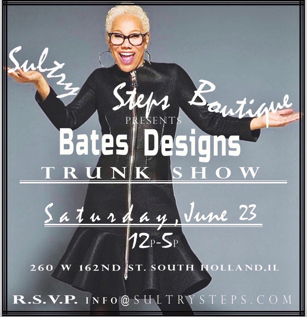 BatesDesigns's tweet image. Make sure you attend the Bates Designs Trunk show in the South Suburbs. RSVP: info@sultrysteps.com