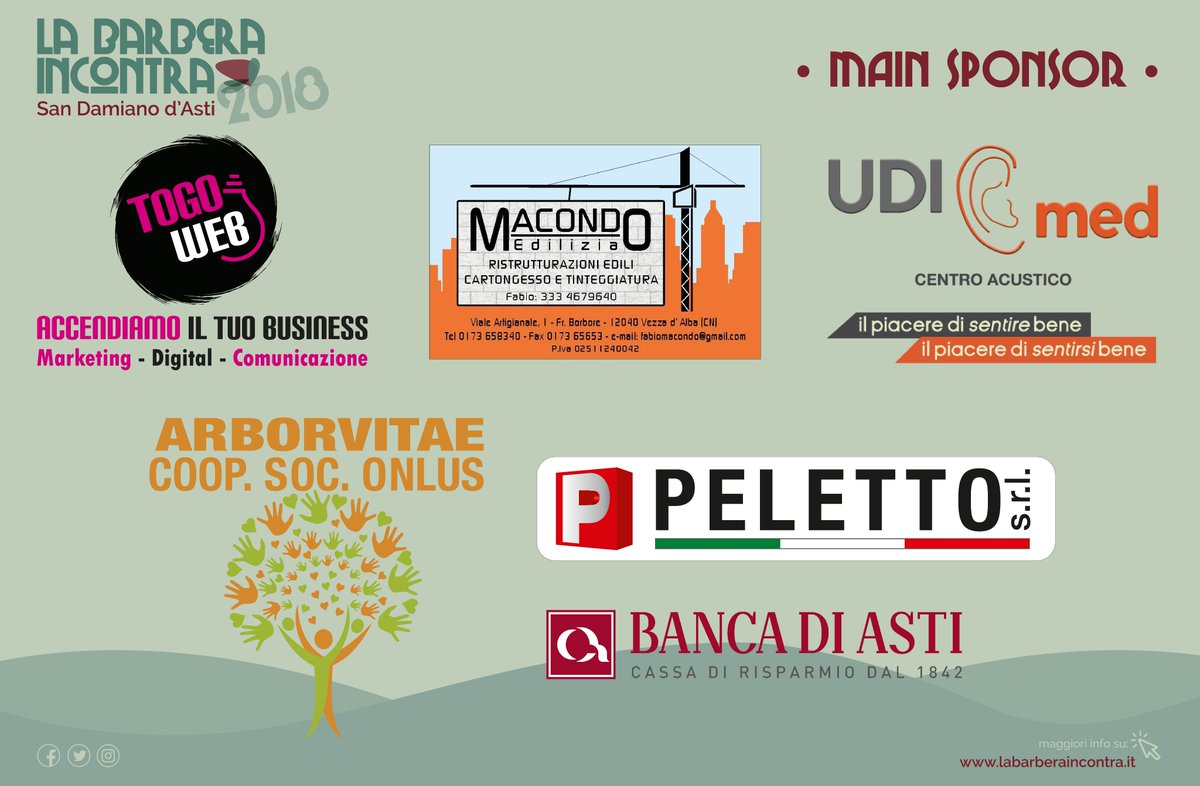 BarberaIncontra's tweet photo. #LaBarberaIncontra ringrazia tutti gli #sponsor che quest'anno hanno sostenuto e sosterranno l'iniziativa. 🍷🎶📖🖋🎨

#Grazie per il vostro prezioso contributo a questa 4^ edizione del festival "Agrimusicaletterario" di San Damiano d'Asti.

➡ https://t.co/6M460Whlbm ⬅ https://t.co/1xEkE2xSuM