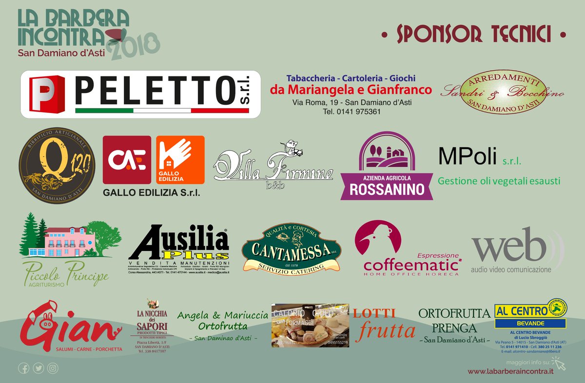 BarberaIncontra's tweet photo. #LaBarberaIncontra ringrazia tutti gli #sponsor che quest'anno hanno sostenuto e sosterranno l'iniziativa. 🍷🎶📖🖋🎨

#Grazie per il vostro prezioso contributo a questa 4^ edizione del festival "Agrimusicaletterario" di San Damiano d'Asti.

➡ https://t.co/6M460Whlbm ⬅ https://t.co/1xEkE2xSuM