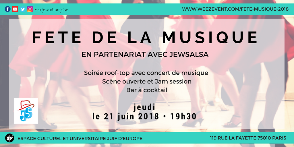 culturejuive's tweet photo. A l'occasion de la #FêtedelaMusique, on vous attend pr une soirée #rooftop ac #concert de musique, #danse, &amp; #bar à #cocktail #jeudiprochain, 21|06 à 18h30. #Bonneambiance assurée par #JewSalsa!

Entrée #libre / inscription souhaitée: https://t.co/M6dY2Jkoe9

#jewishparis #Repost https://t.co/qf7lhtg4PA