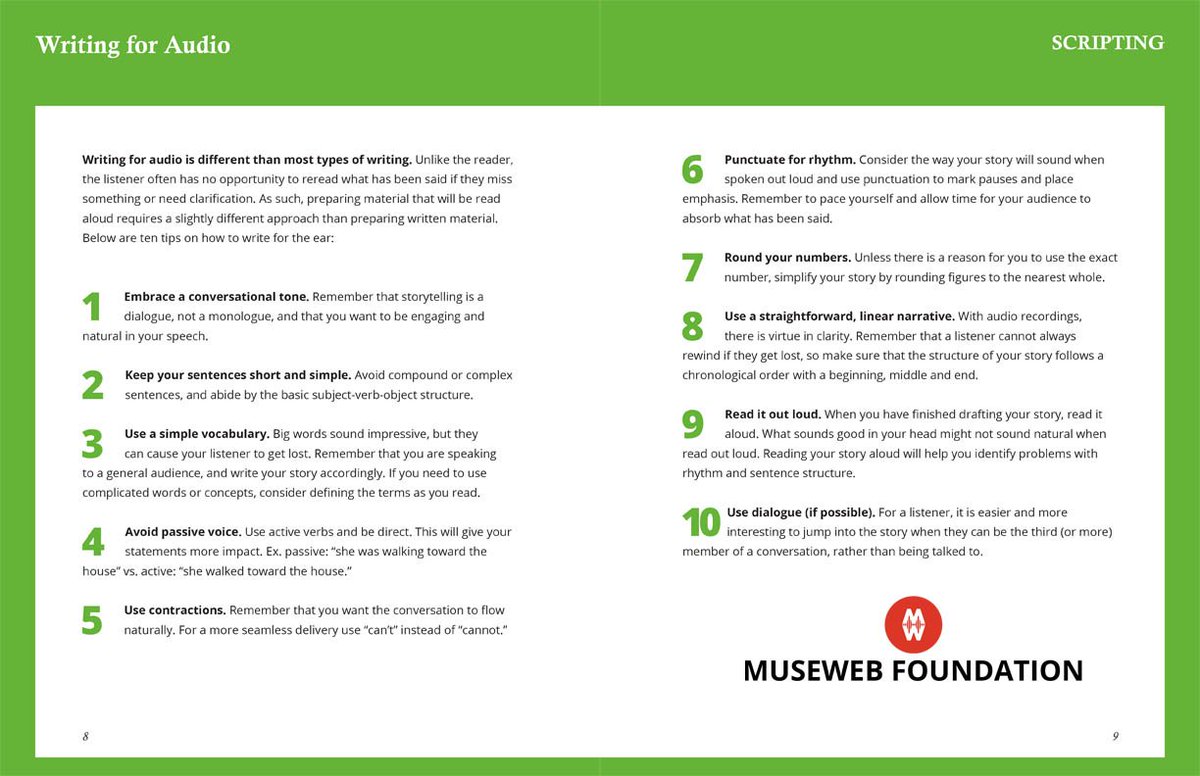 museweb's tweet photo. Writing + scripting for audio is different than with video. Check 10 simple guidelines from our #storytelling toolkit, created with our friends @MuseumonMainSt. Find the complete toolkit here. #museweb #podcasting #bHereMainSt #bHereBmore https://t.co/7aX0Ag3rTj https://t.co/rudN5YBAlt