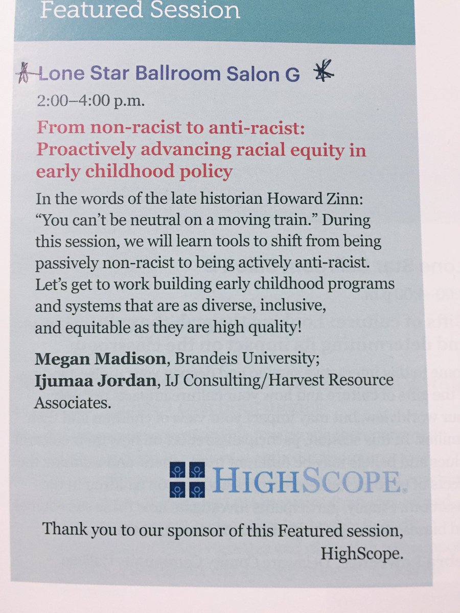 DrMeghanGreen's tweet photo. Day 3 at the #naeycINST is going to be an AMAZING day for discussing racial equity in early childhood education! I’m looking forward to these two sessions in particular. #NotJustBuzzWords @Ijumaaj @meganprmadison https://t.co/p9tJFaLdL7