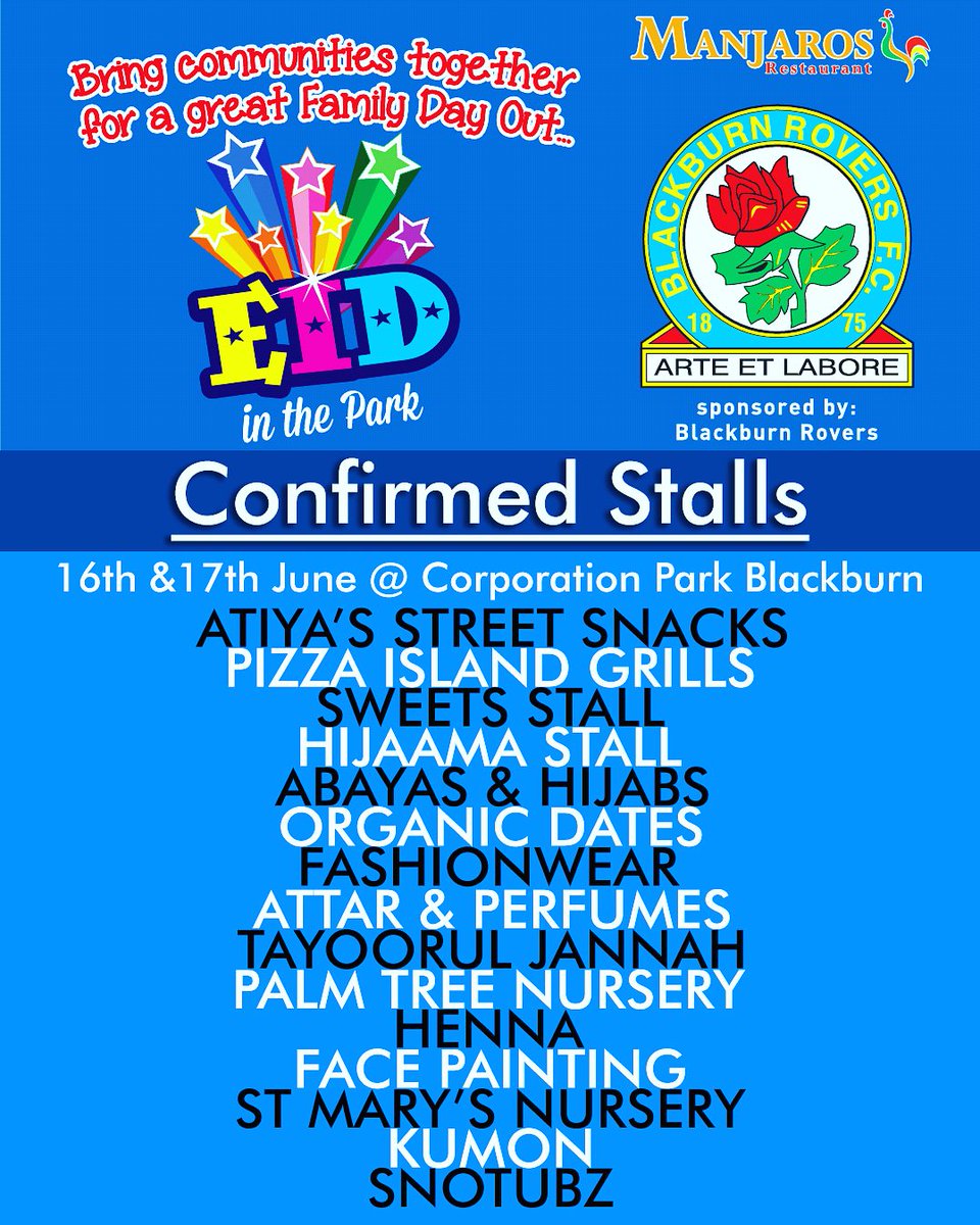 EidBlackburn's tweet photo. Some #stalls to look out for on #eid #festival weekend 16th & 17th June @ corporation park #blackburn. #eidmubarak #eidalfitr #blackburnrovers #islam #celebrate #snotubz #kumon #abayas #hijab #fashionwear #hijama #hijamah #perfume #dates #snack #fun #eidinthepark #brfctrust https://t.co/gXEnTuFFvA