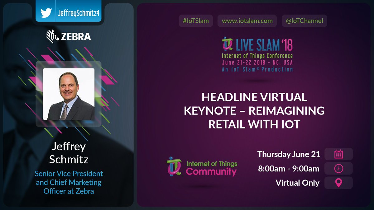 We are still adding more awesome sessions to <a href="/IoTSlam/">IoT Grand Slam Live 2023, December 13-14, at HPE</a> Live 2018! 
Thrilled <a href="/JeffreySchmitz4/">Jeffrey Schmitz</a> #CMO of #IoTCommunity Diamond Member <a href="/ZebraTechnology/">Zebra Technologies</a> to Keynote #IoTSlam Live 2018 - Reimagining #Retail with #IoT. 
iotslam.com/session/headli… #Omnichannel #supplychain #SCM #RFID #CPG #AI