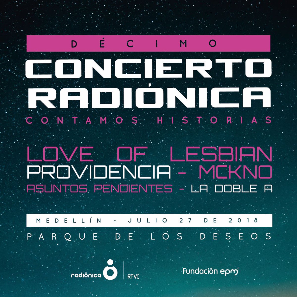 Atención! Este es el cartel oficial del #DécimoConciertoRadiónica en Bogotá Y Medellín ¿Están preparados para sentir el poder de la música? 🎤 🎶 

¿Qué banda no se pueden perder? 🎉 🎊 Antes del mundial #HayAlgoMásQueCelebrar → bit.ly/DécimoConciert… …
