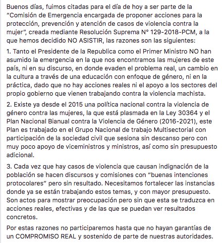 NiUnaMenosPeru's tweet photo. #COMUNICADO Sobre la invitación a ser parte de la “Comisión de Emergencia encargada de proponer acciones para la protección, prevención y atención de casos de violencia contra la mujer”, hemos decidido NO ASISTIR, aquí el por qué 👇 https://t.co/kDN2jOkax0