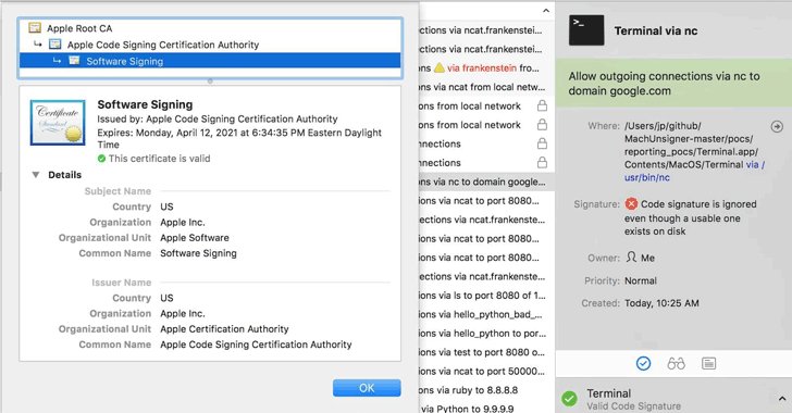 TheHackersNews's tweet photo. Incorrectly Implemented Apple's Code-Signing API Let #Malware Bypass Several #macOS Security Products—including F-Secure xFence, VirusTotal, Google Santa, and Facebook OSQuery.

https://t.co/uRX0NVsAlw

This Hack Makes Unsigned Malicious Code to Appear as "Signed by Apple" https://t.co/ZsAjdNxI1j