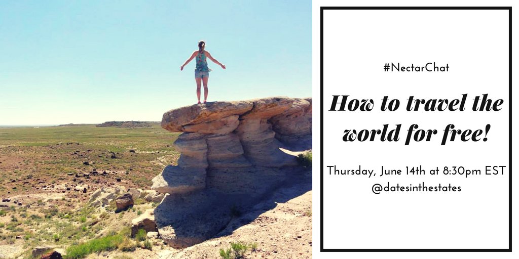 datesinstates's tweet photo. Interested in learning how to travel for free? Chat with us on #nectarchat this Thursday! #datesinthestates #chatwithcrystal https://t.co/2B7i5Wqwtp