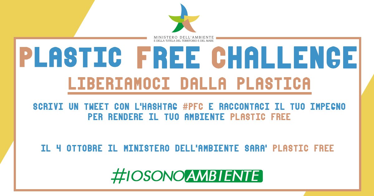 SergioCosta_Gen's tweet photo. Oggi è una giornata importante. Lanciamo PLASTIC FREE CHALLENGE. Raccontami la tua battaglia mettendo #PFC all'interno del tuo Tweet. Sfido, simpaticamente, @luigidimaio e @Roberto_Fico a rendere il Ministero e la Camera Plastic Free. #IoSonoAmbiente sarà il Cambiamento. https://t.co/Xpinv4Ad3N