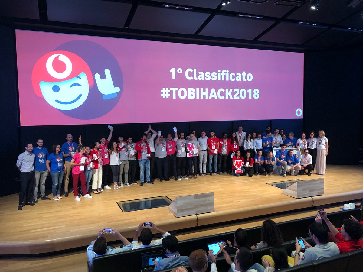VodafoneIT's tweet photo. Si conclude l'edizione 2018 dell'hackaton di Vodafone. 9 team da tutto il mondo, 26 ore di lavoro e 4000 righe di codice scritte. Grazie a tutti coloro che hanno partecipato a #TOBiHack e complimenti per i fantastici progetti! https://t.co/7hgi9iMYTr