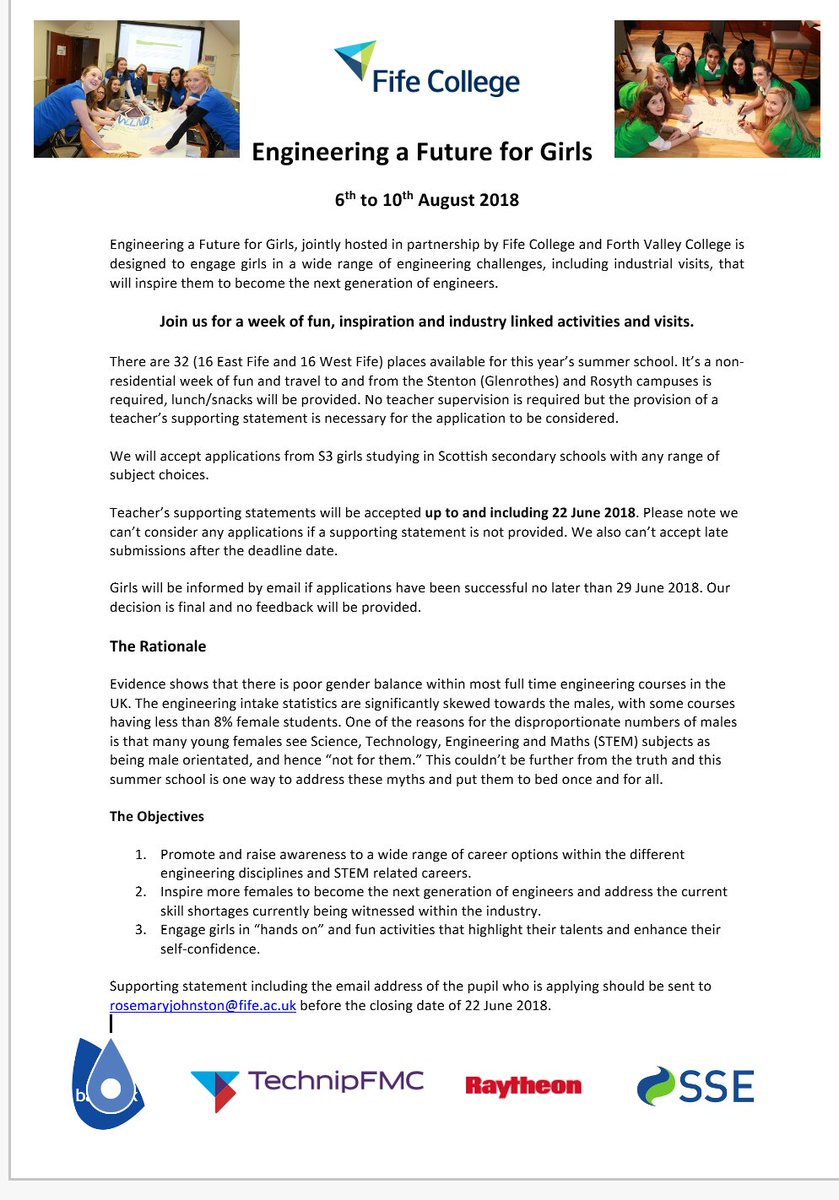 Another great opportunity for your young female engineers, get them involved in our summer camp running at Stenton and Roysth.
Please direct enquires to: jaderoe@fife.ac.uk <a href="/KirkcaldyHigh/">Kirkcaldy High School</a> <a href="/StAndrewsRCHS/">St Andrew's RC High</a> <a href="/GlenrothesHS/">Glenrothes High School</a> <a href="/GlenwoodHS/">Glenwood High School</a> <a href="/qahsinfo/">Queen Anne HS</a> <a href="/DunfermlineHS/">Dunfermline High</a> <a href="/WoodmillHigh/">Woodmill High School</a> <a href="/AuchmutyHS/">Auchmuty High School</a>.