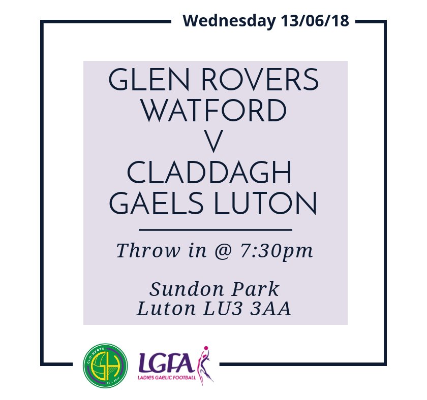 Tomorrow in the <a href="/GloHertsLGFA/">Glo-Herts LGFA</a> Championship:

<a href="/claddaghgaels/">Claddagh Gaels LGFC</a> V <a href="/GlenRoversLGFC/">Glen Rovers LGFC GAA</a> 
📍Sundon Park, Luton LU3 3AA
⏰ Throw in @ 7:30pm
📅 Wed 13th June

🏐🏆😎 #LadiesGAA #GloHerts #GloHertsChampionship