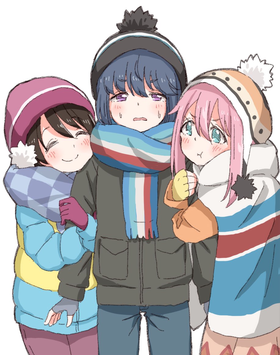 kagamihara nadeshiko ,shima rin multiple girls 3girls girl sandwich pink hair sandwiched scarf blue hair  illustration images