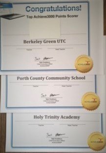 RLSEducation's tweet photo. Congrats to our top 3 students for most points on the Achieve3000 reading programme in April &amp; May. Certificates &amp; vouchers on their way, but to which achiever?? @HolyTrinAcademy @PorthCounty @berkeleygutc #readingformeaning https://t.co/sIS8jnsj22 https://t.co/DtlSZ5e7kb