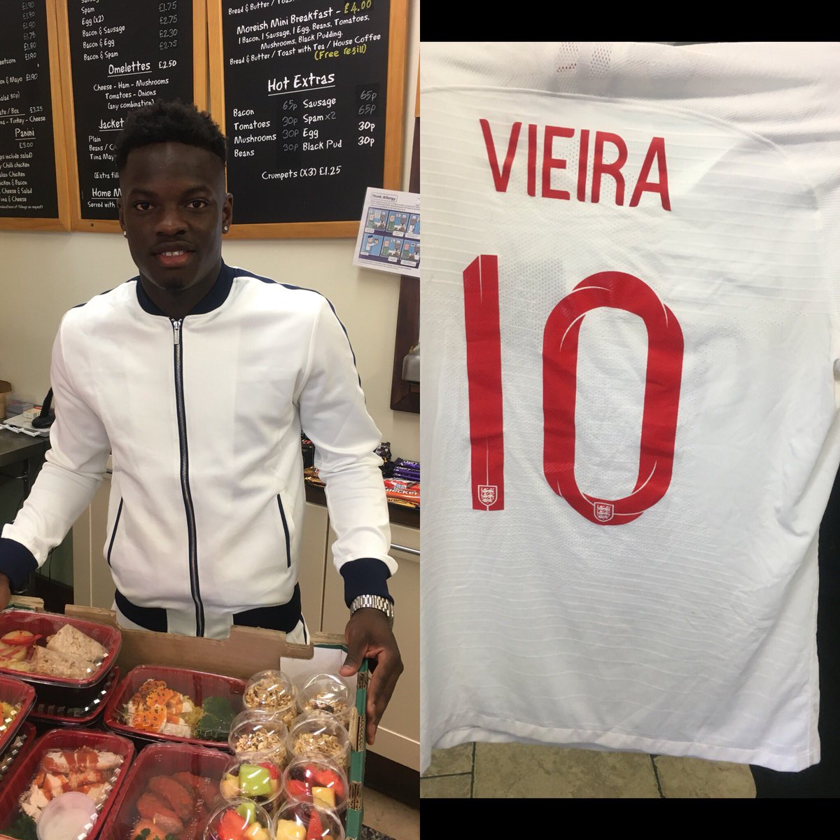 MoreishM's tweet photo. Leeds United @Ronaldo_Vieira8 straight back from
England duty’s passing by for more meal preps and his winning final shirt for us  always a pleasure 👌🏻👌🏻👌🏻👌🏻massive respect what a guy 🙌🙌#fresh #leedsunited #moreishmiddleton #mealprep #englandinternational #alaw https://t.co/DUOmqWROcT