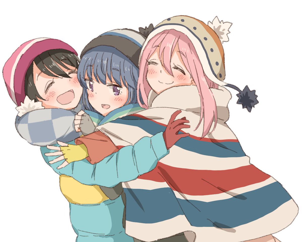 kagamihara nadeshiko ,shima rin multiple girls 3girls girl sandwich pink hair sandwiched scarf blue hair  illustration images