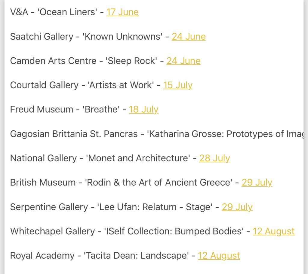 DevRoseTurner's tweet photo. Just a friendly reminder of all the great #London #exhibitions that will be closing soon! @V_and_A @saatchi_gallery @CamdenArtsCtr @FreudMusLondon @NationalGallery @britishmuseum @_TheWhitechapel @SerpentineUK @royalacademy @CourtauldGall @Gagosian https://t.co/vjzuQcmOG0