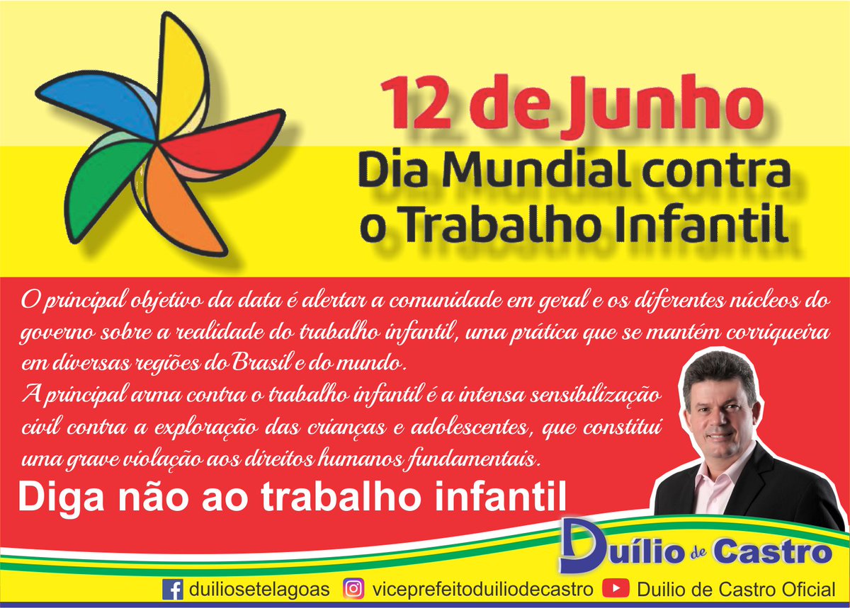 duilio_decastro's tweet photo. Diga não ao trabalho infantil.
 A principal arma contra o trabalho  infantil é a intensa sensibilização civil contra a exploração das  crianças e adolescentes, que constitui uma grave violação aos direitos  humanos fundamentais.
 #duiliodecastro https://t.co/4XDaJxlYxT